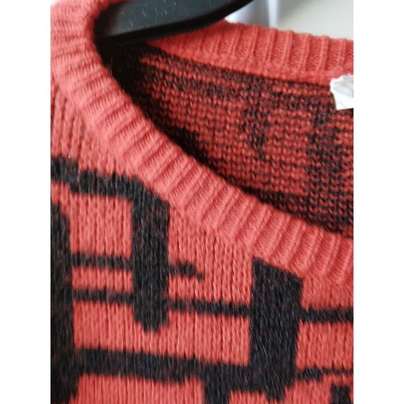 Vintage Sweater 80s Red Black Abstract Long Retro Nostalgia Slouchy - Picture 9 of 12